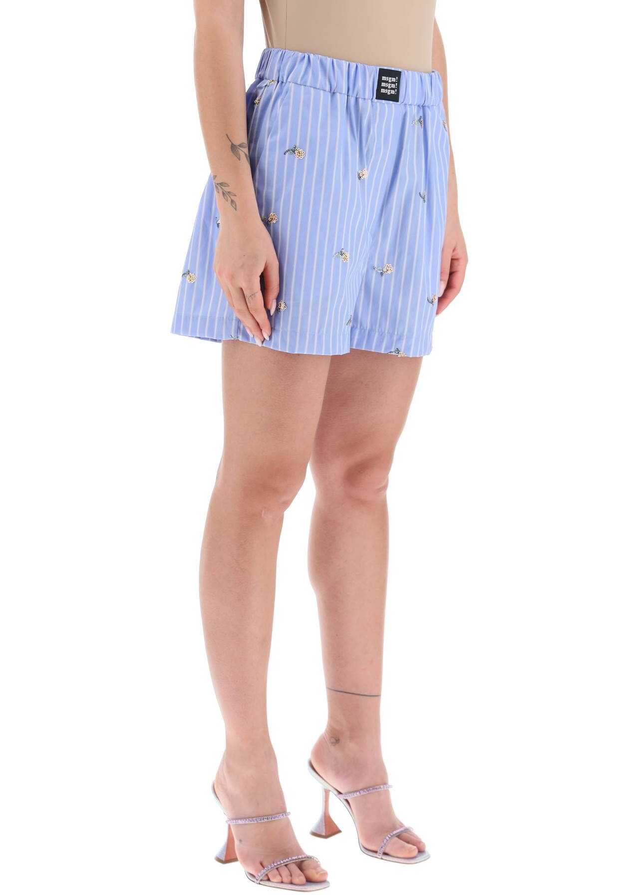 MSGM Striped Poplin Shorts With Sequin Flowers LIGHT BLUE
