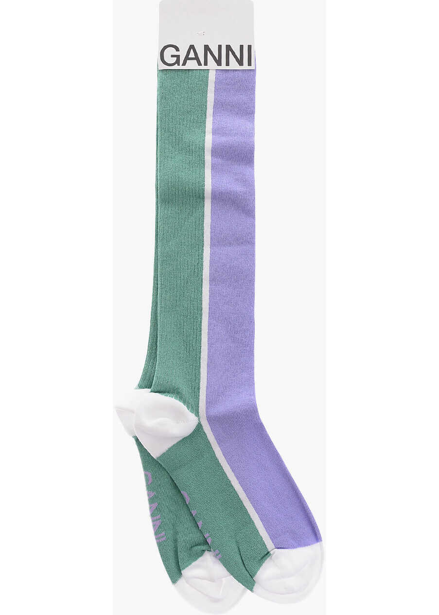 Ganni Two-Tone Ribbed Long Socks Green