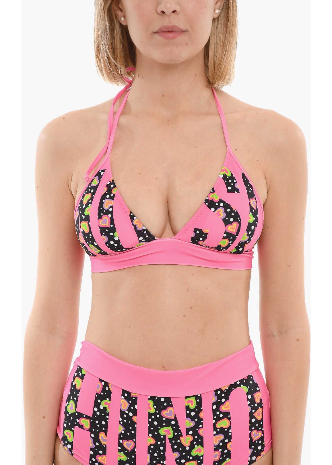 Moschino Swim Triangle Bikini Top With Maxi Logo Print Pink image0