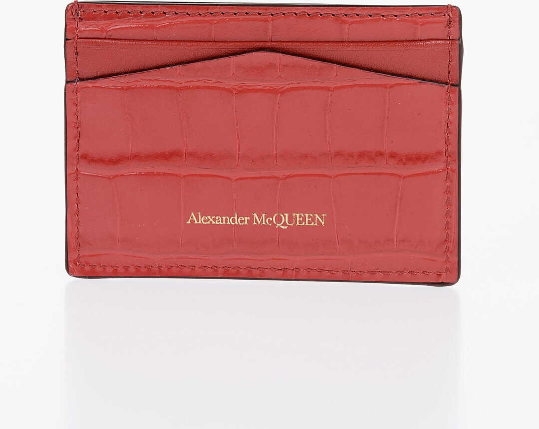 Alexander McQueen Croco Printed Leather Skull Card Holder Red
