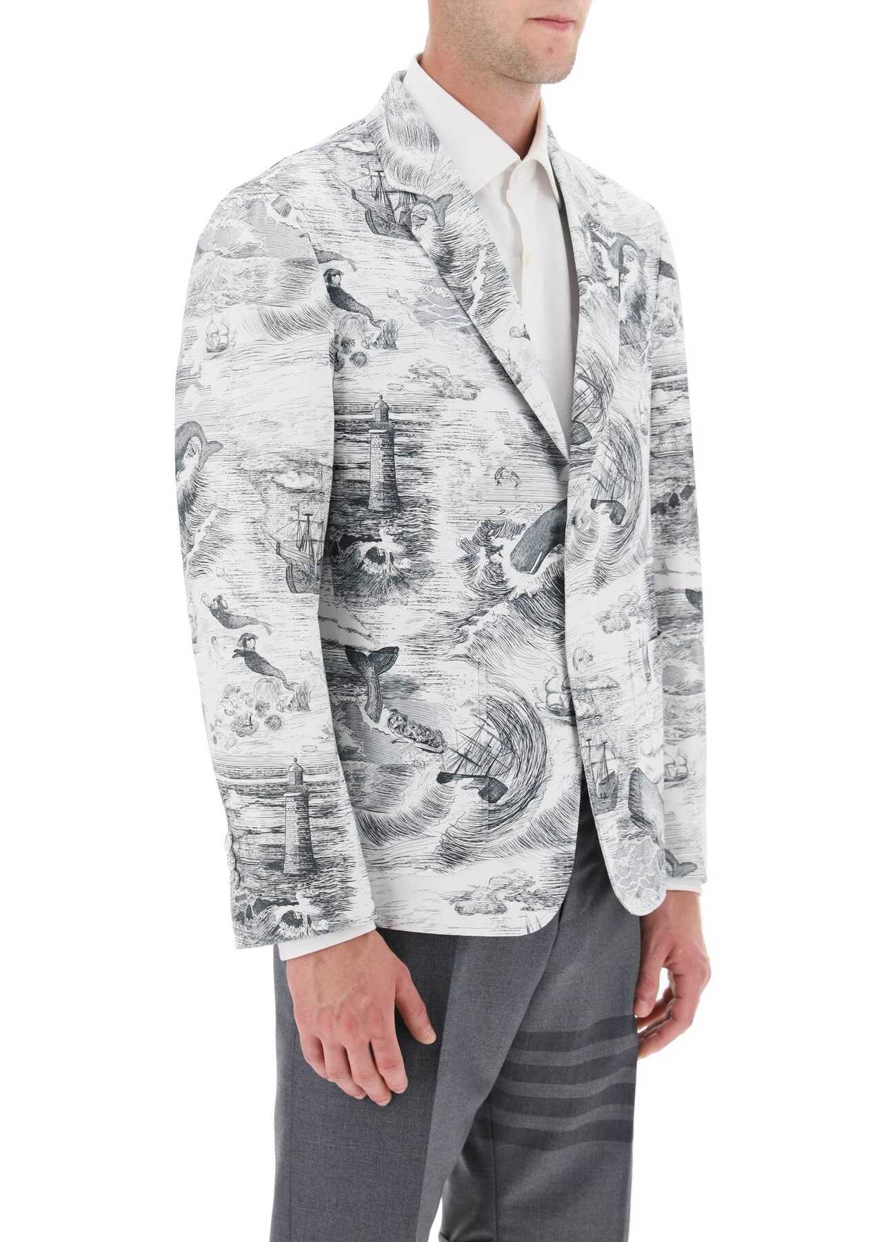 Thom Browne Deconstructed Single-Breasted Jacket With Nautical Toile Motif BLACK WHITE b-mall.ro
