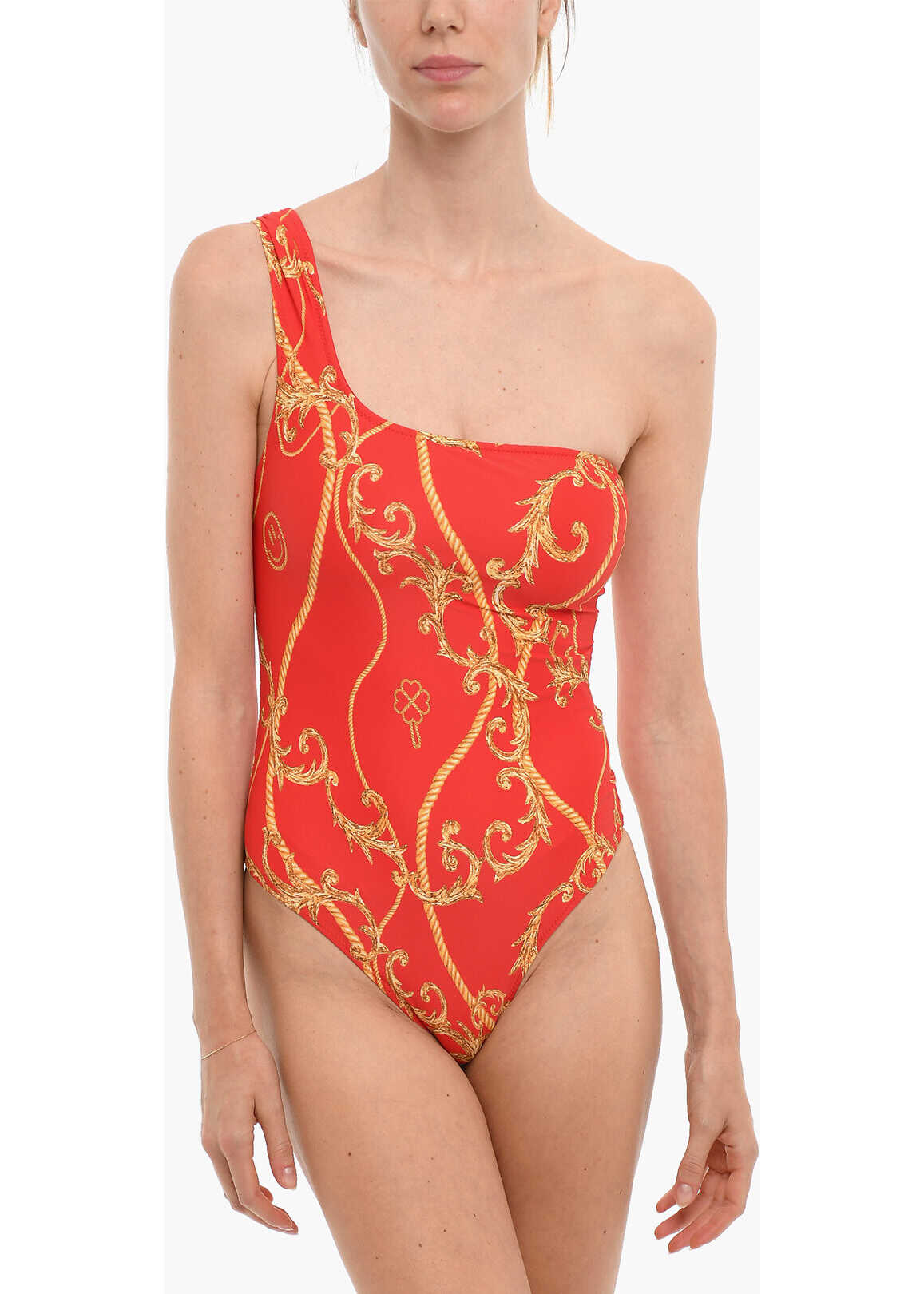 Ganni Baroque Motif One-Shoulder One-Piece Swimsuit Red