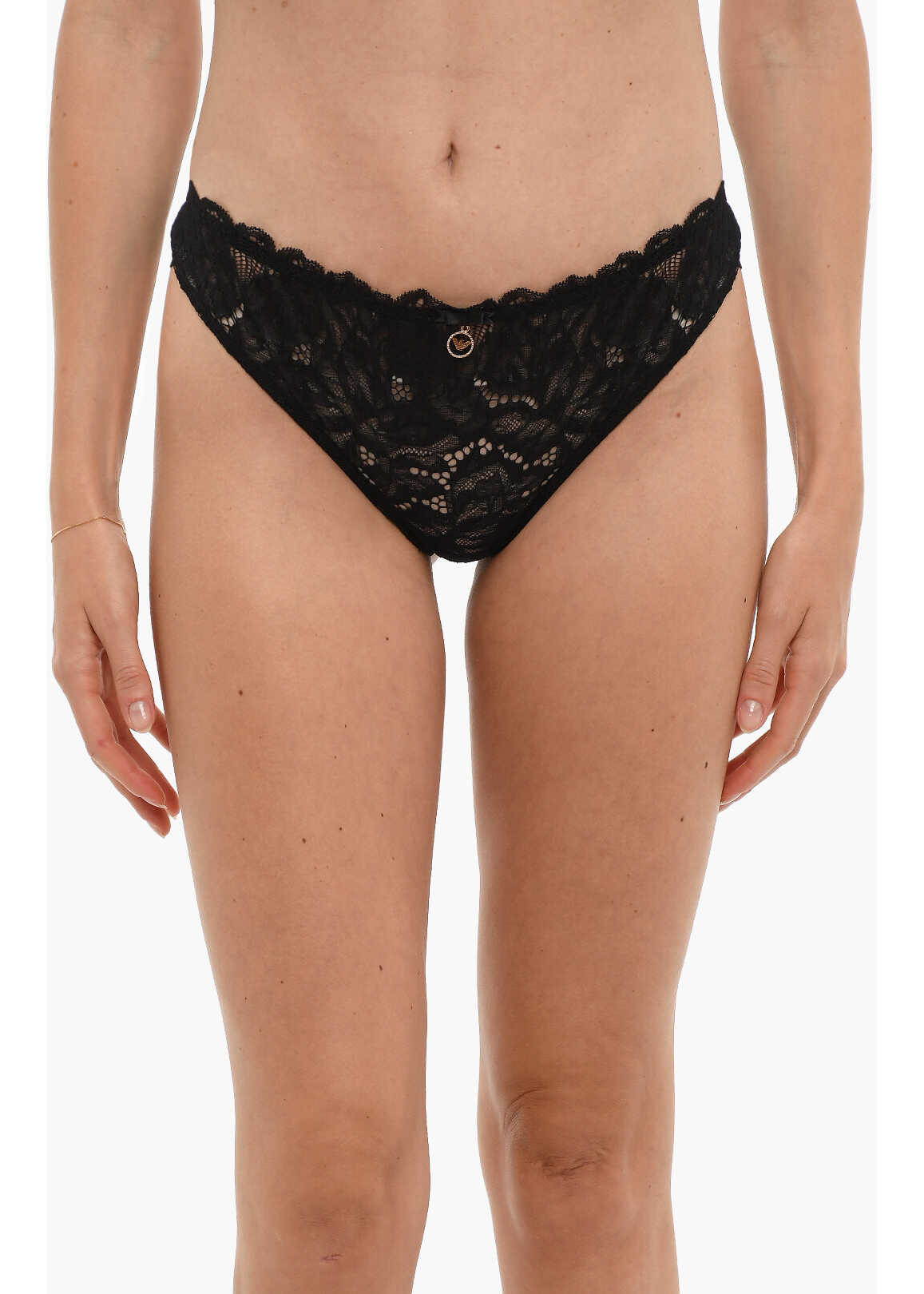 Armani Emporio Solid Color Lace Thong With Golden Logo Black