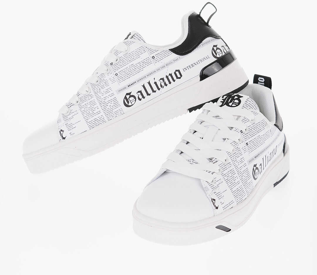 John Galliano Two-Tone Faux Leather Low-Top Sneakers With All-Over Letteri Black & White