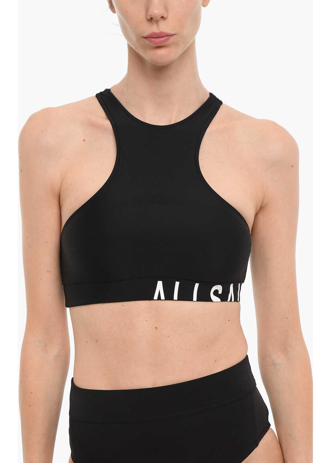 AllSaints Stretch Fabric Dara Bikini Top With Printed Contrasting Logo Black