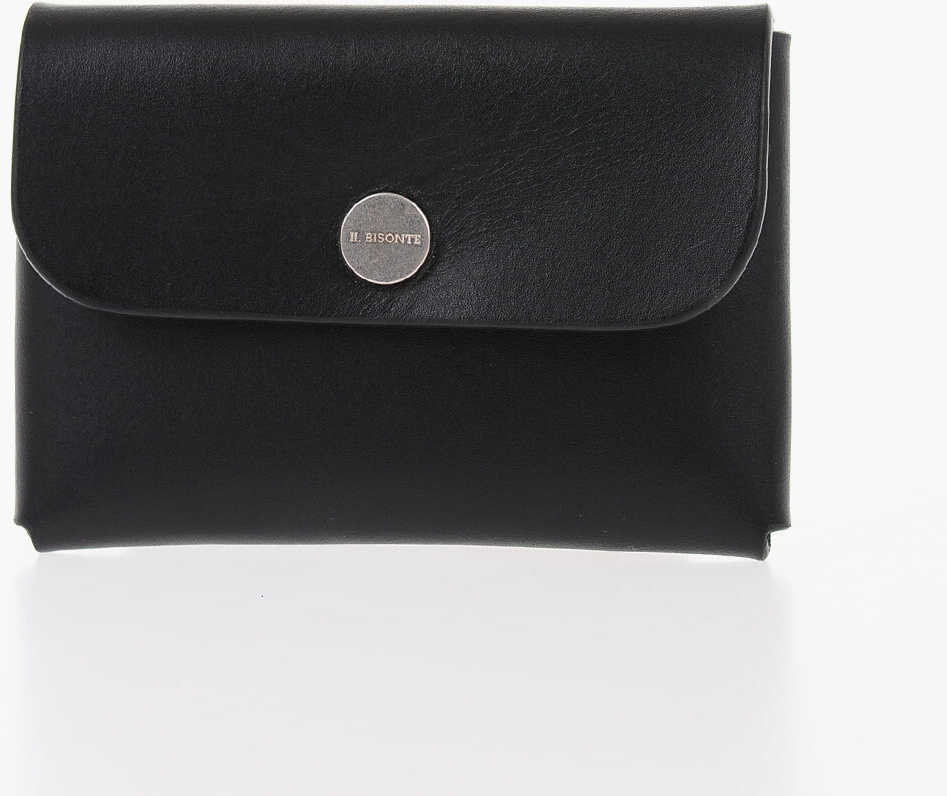 IL BISONTE Solid Color Leather Titano Card Holder With Silver-Tone Butt Black