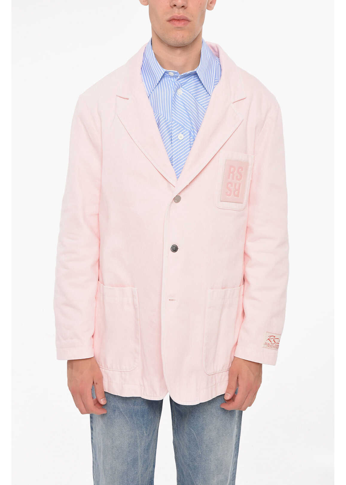 Raf Simons Denim School Boy Blazer With Logo Patch Pink b-mall.ro