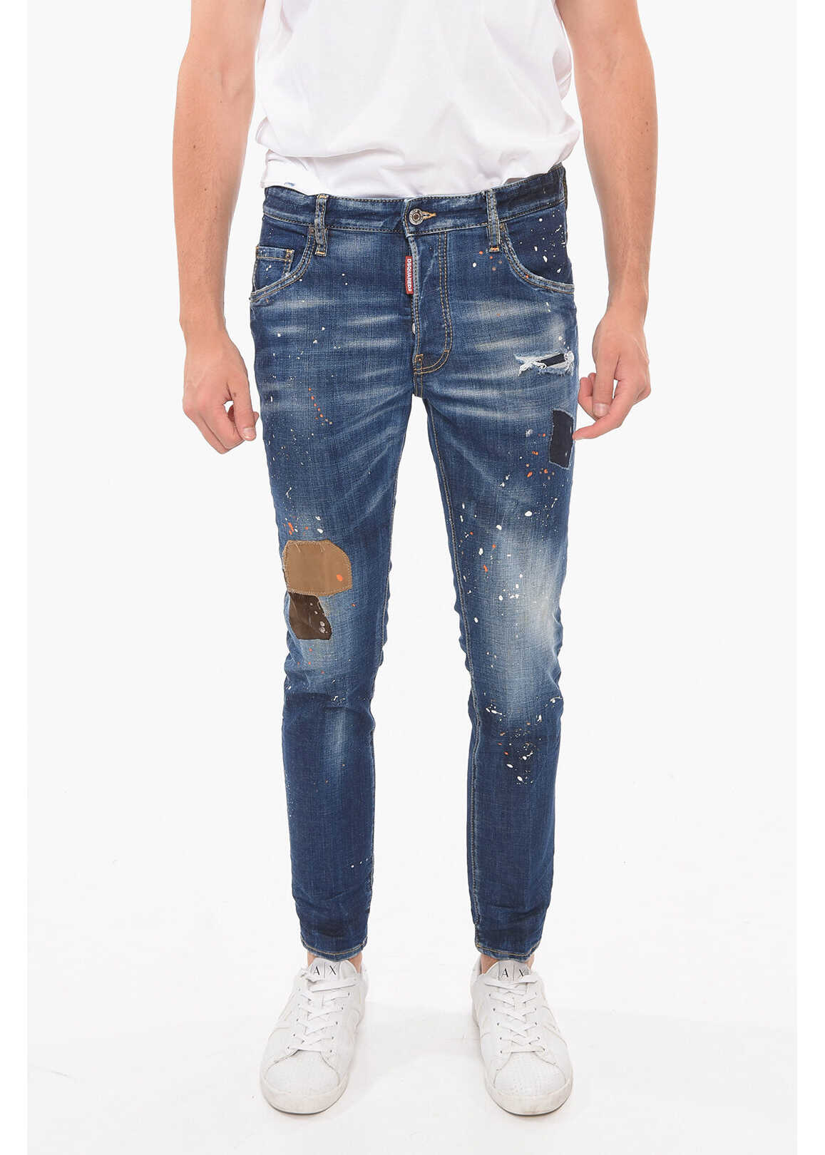 DSQUARED2 Paint-Splatter-Printed Skater Denims With Patch Detailing Blue
