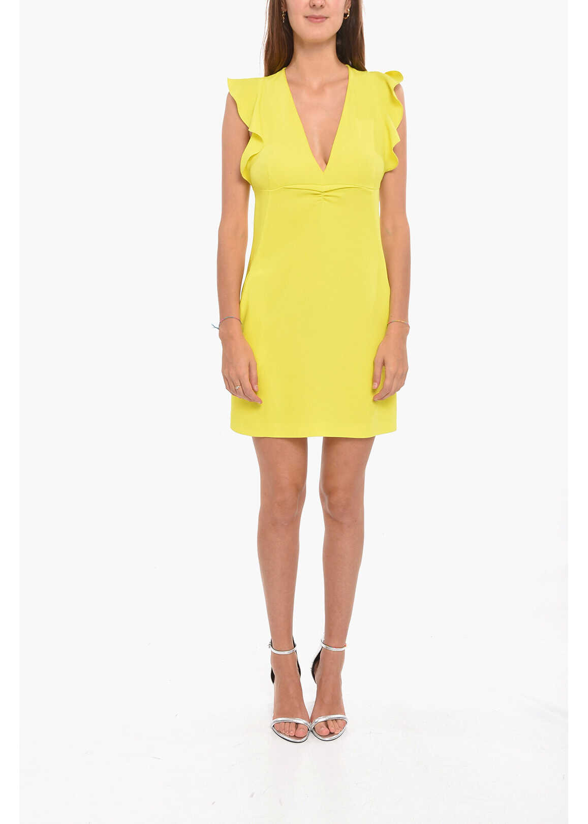 DSQUARED2 Ruffled Short-Sleeves V-Neck Neon Dress Yellow