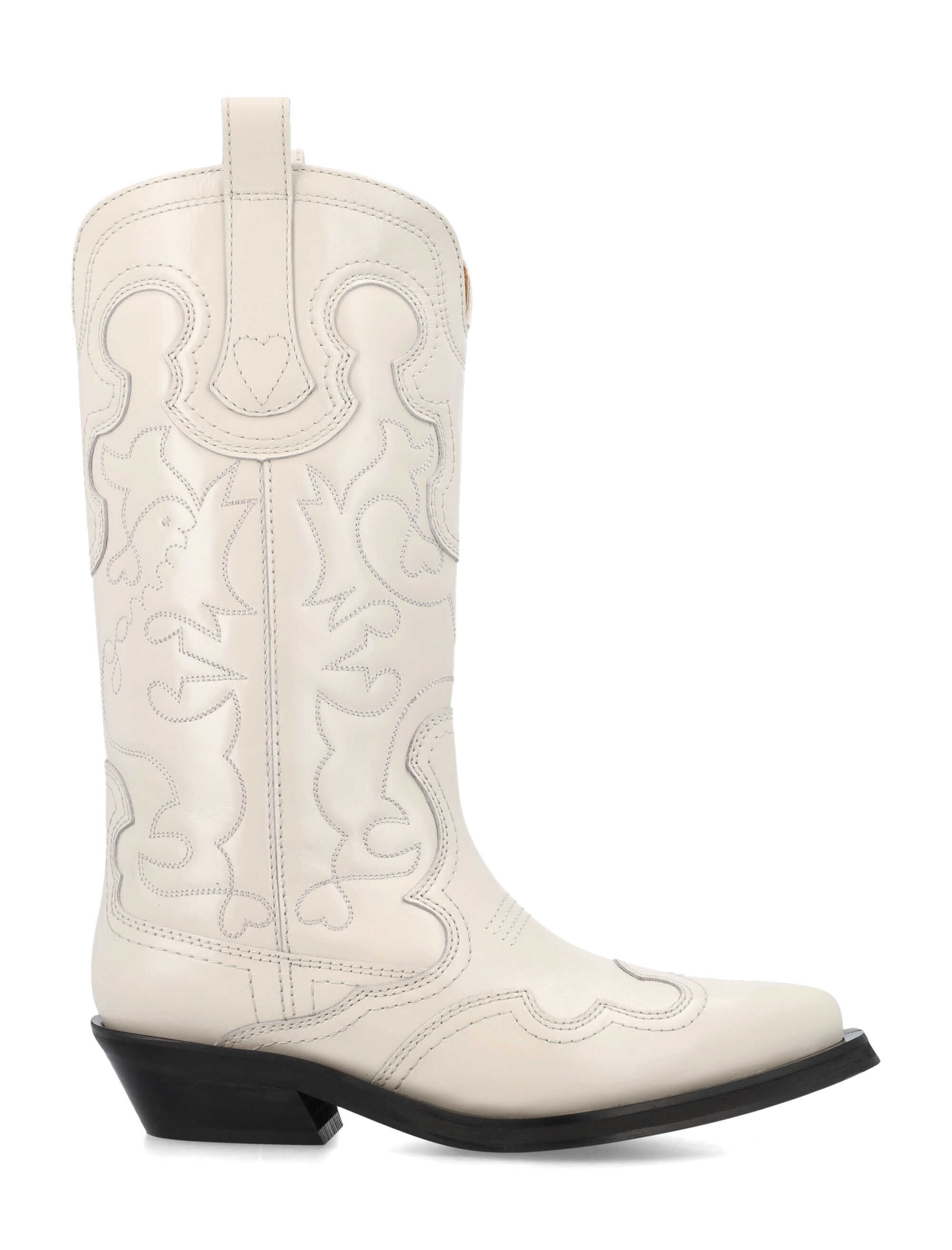 Ganni Knee Mid Embroidered Western Boots White