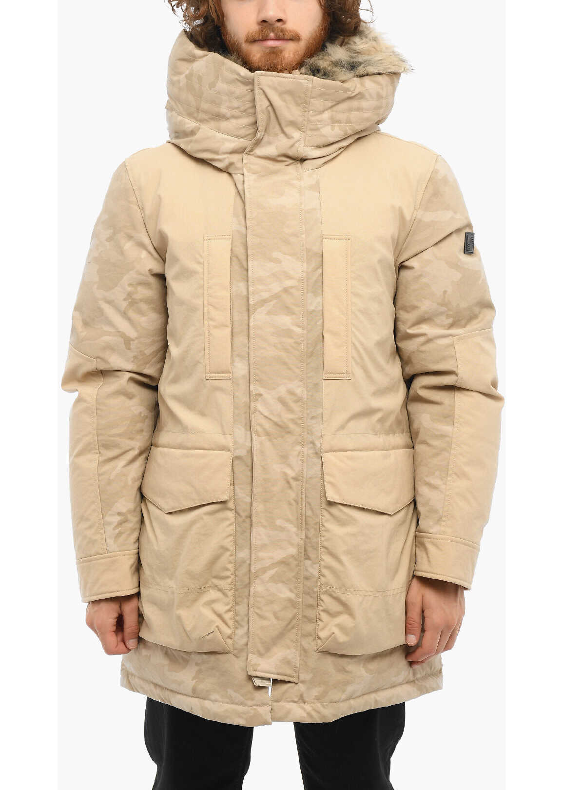 Woolrich Solid Color Down Jacket With Camouflage Details Beige