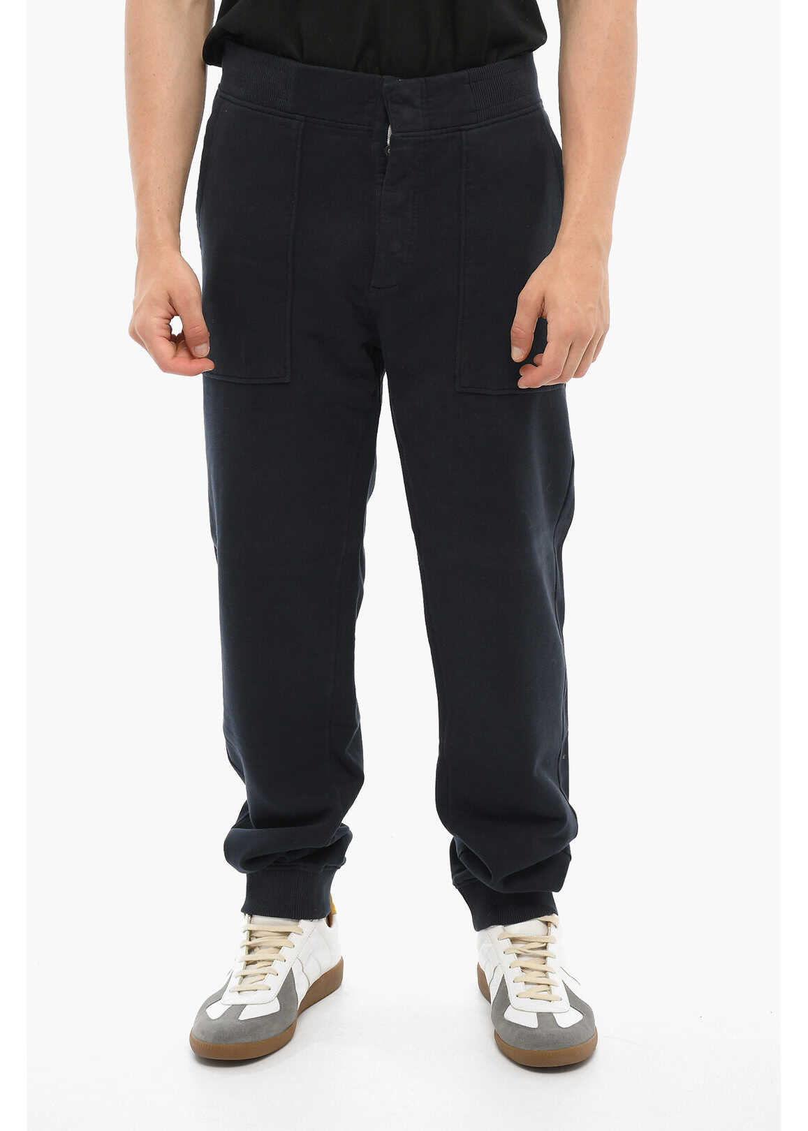 Woolrich Solid Color Fleeced Cotton Joggers With Front Buttoning Blue