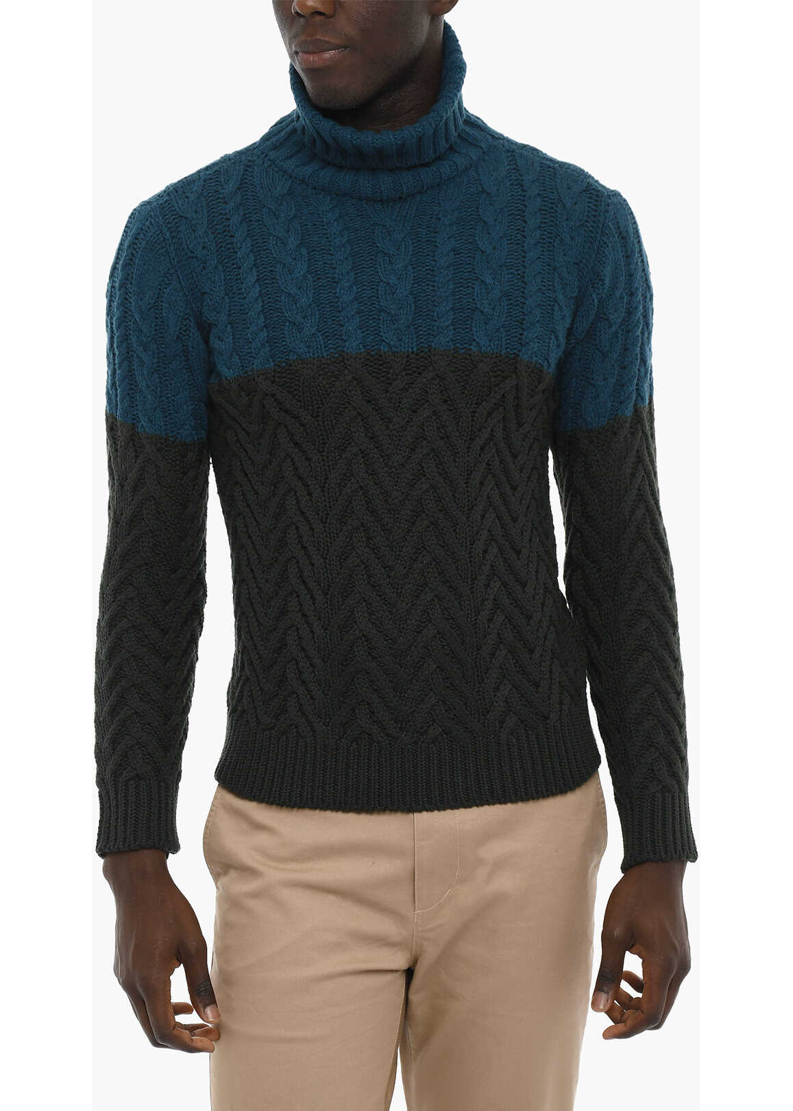 Woolrich Two-Tone Merino Wool Turtleneck Cable-Knit Sweater Green