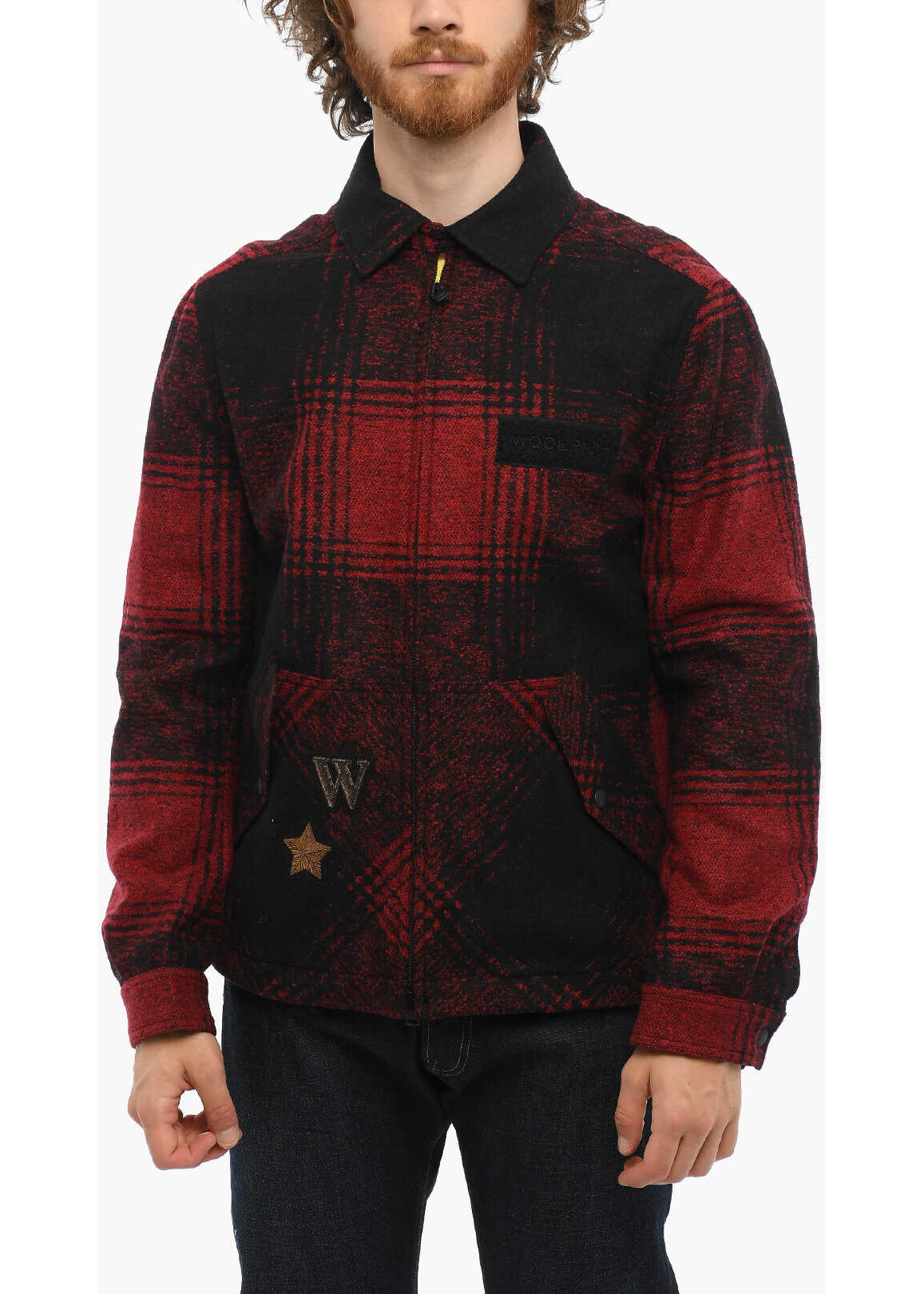 Woolrich Vichy Checked Melton Overshirt With 2 Flap Pockets Red