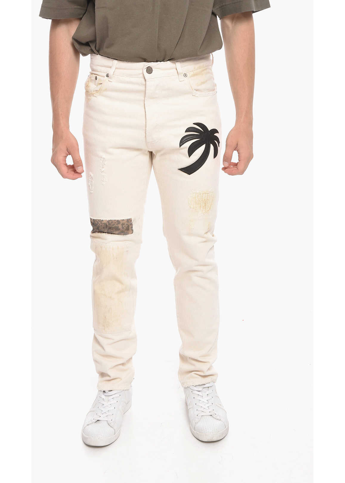 Palm Angels Lived-In Slim Fit Denims With Leather Logo Patch 17Cm White