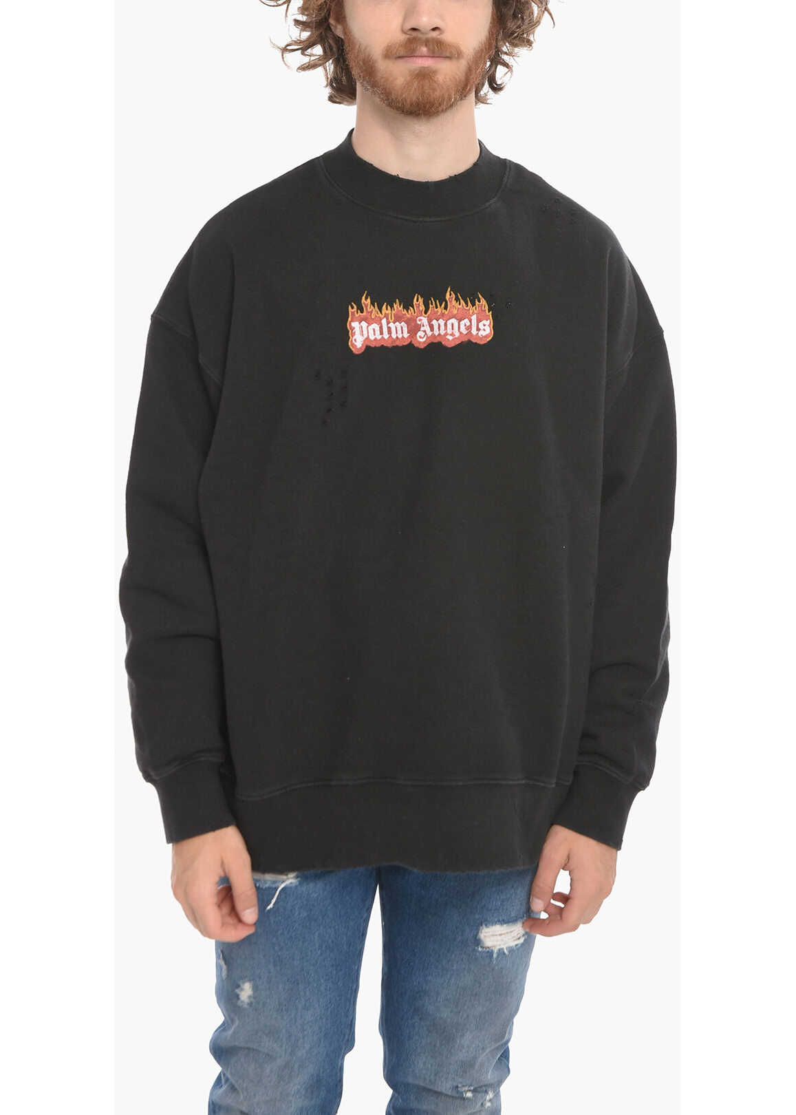 Palm Angels Crew Neck Burning Logo Distressed Cotton Sweatshirt Black