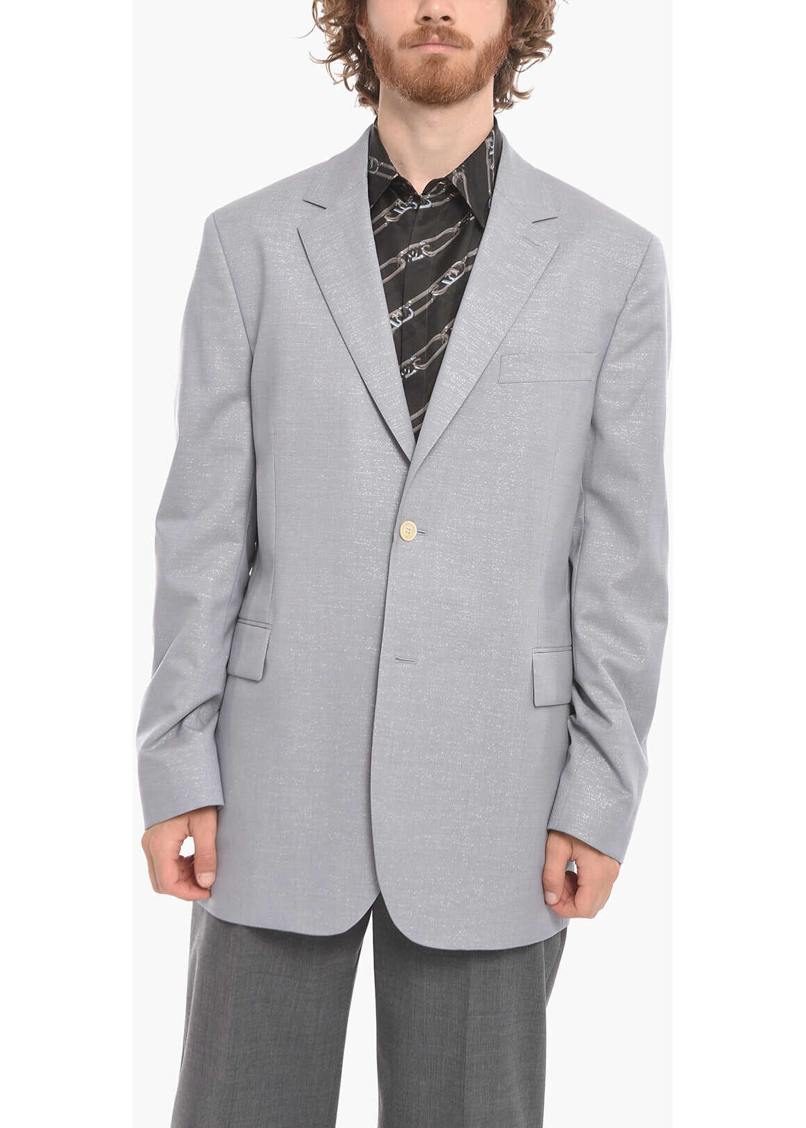 Acne Studios Wool Blend Blazer With Glittery Effect And Flap Pockets Light Blue Acne