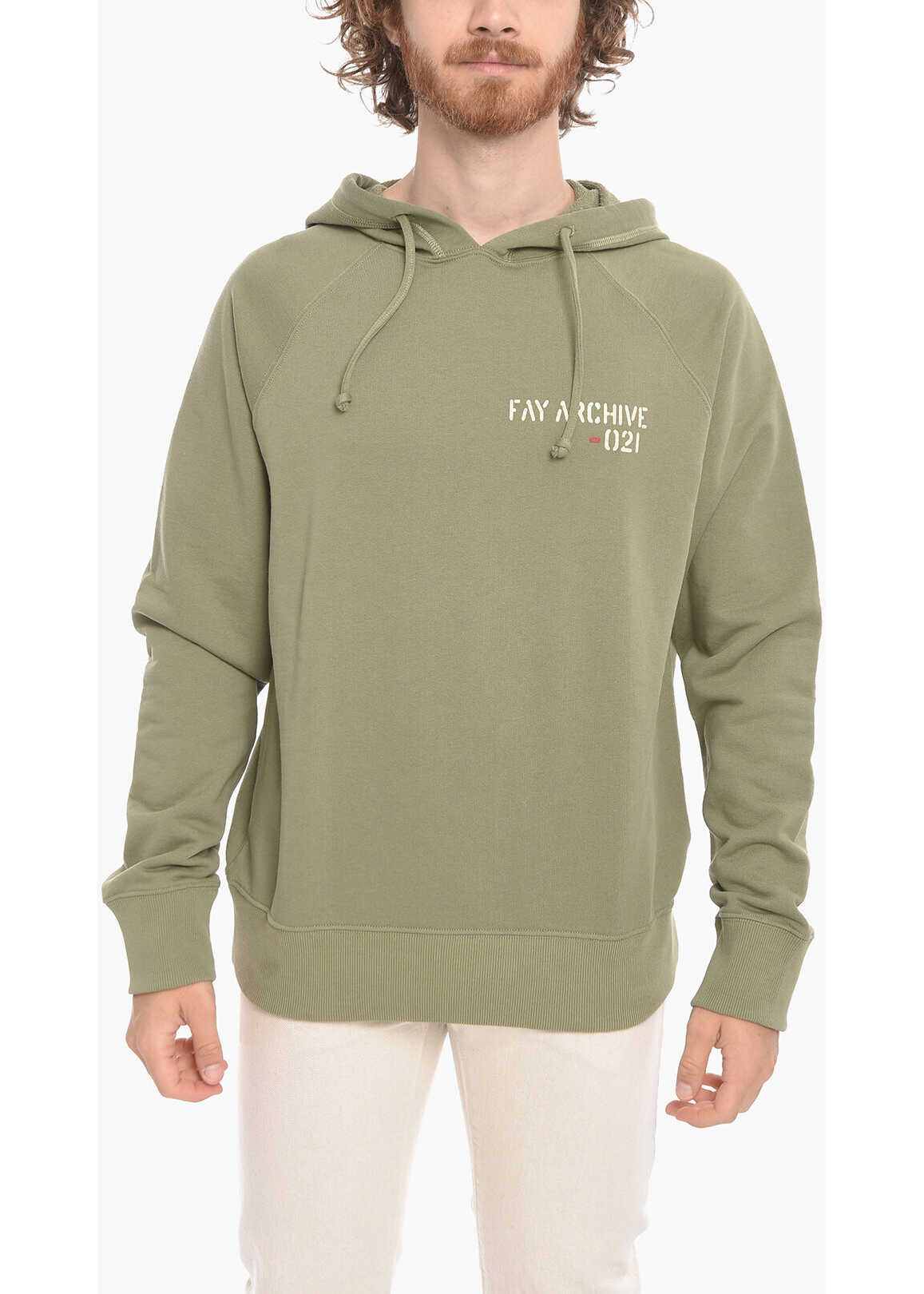 Fay Archive Brushed-Cotton Hoodie With Logo Print Military Green