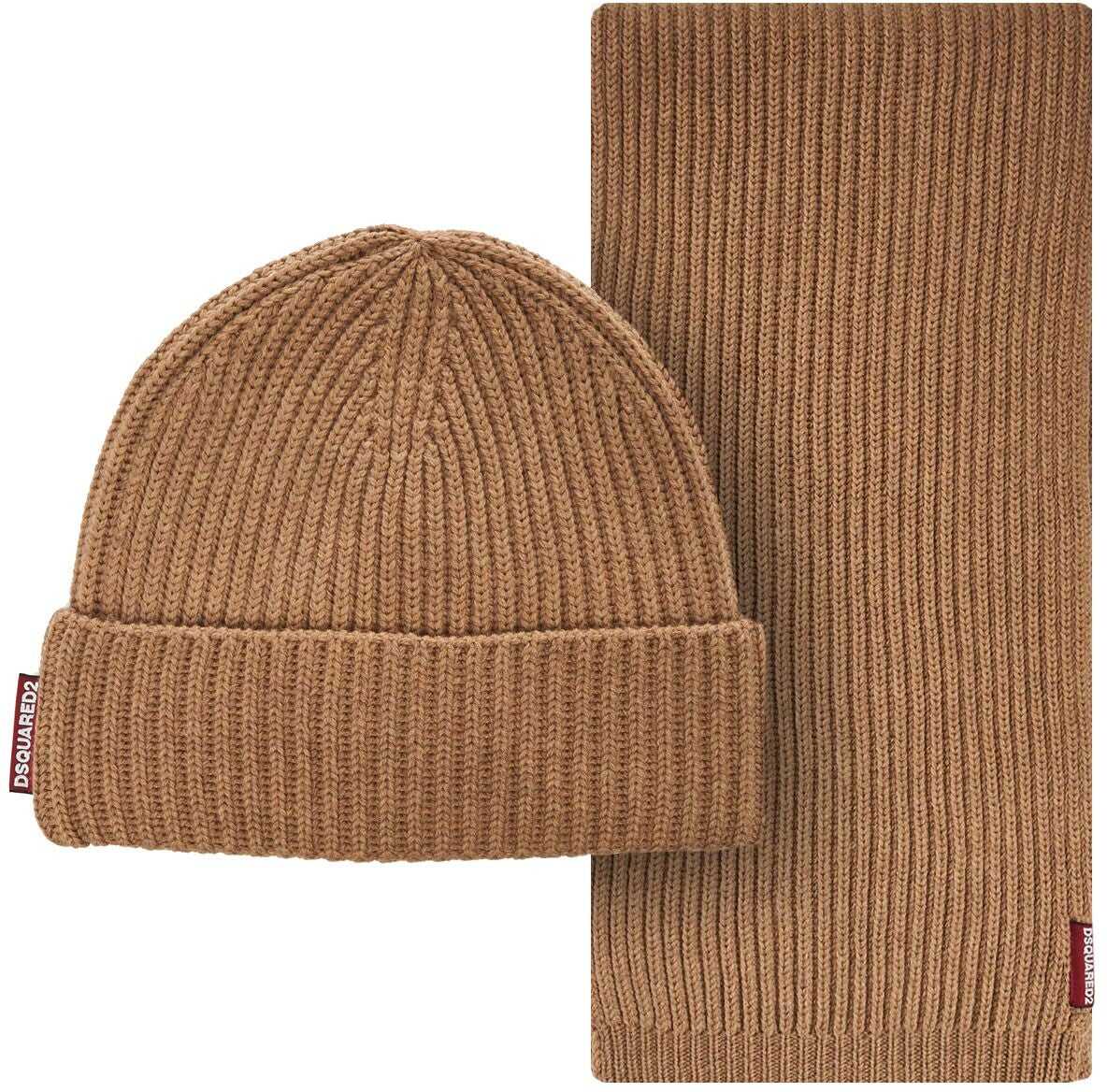 DSQUARED2 Knit beanie and scarf Brown