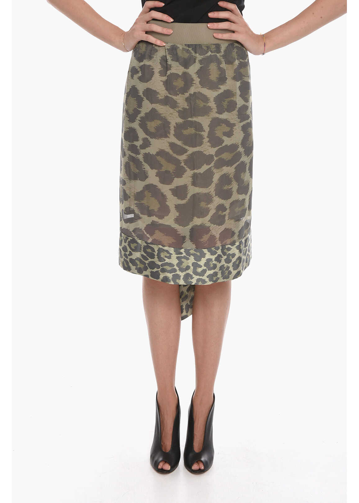 Sacai Cupro Asymmetric Skirt With Leopard Pattern Green