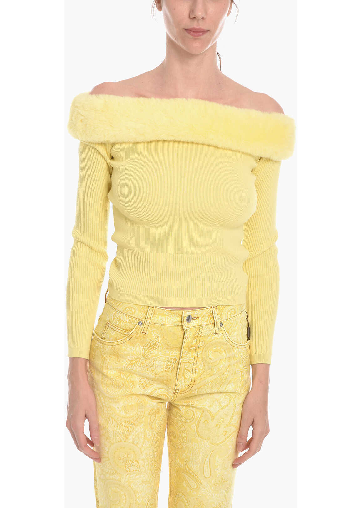 Blumarine Off-Shoulder Sweather With Cruelty-Free Fur Detail Yellow