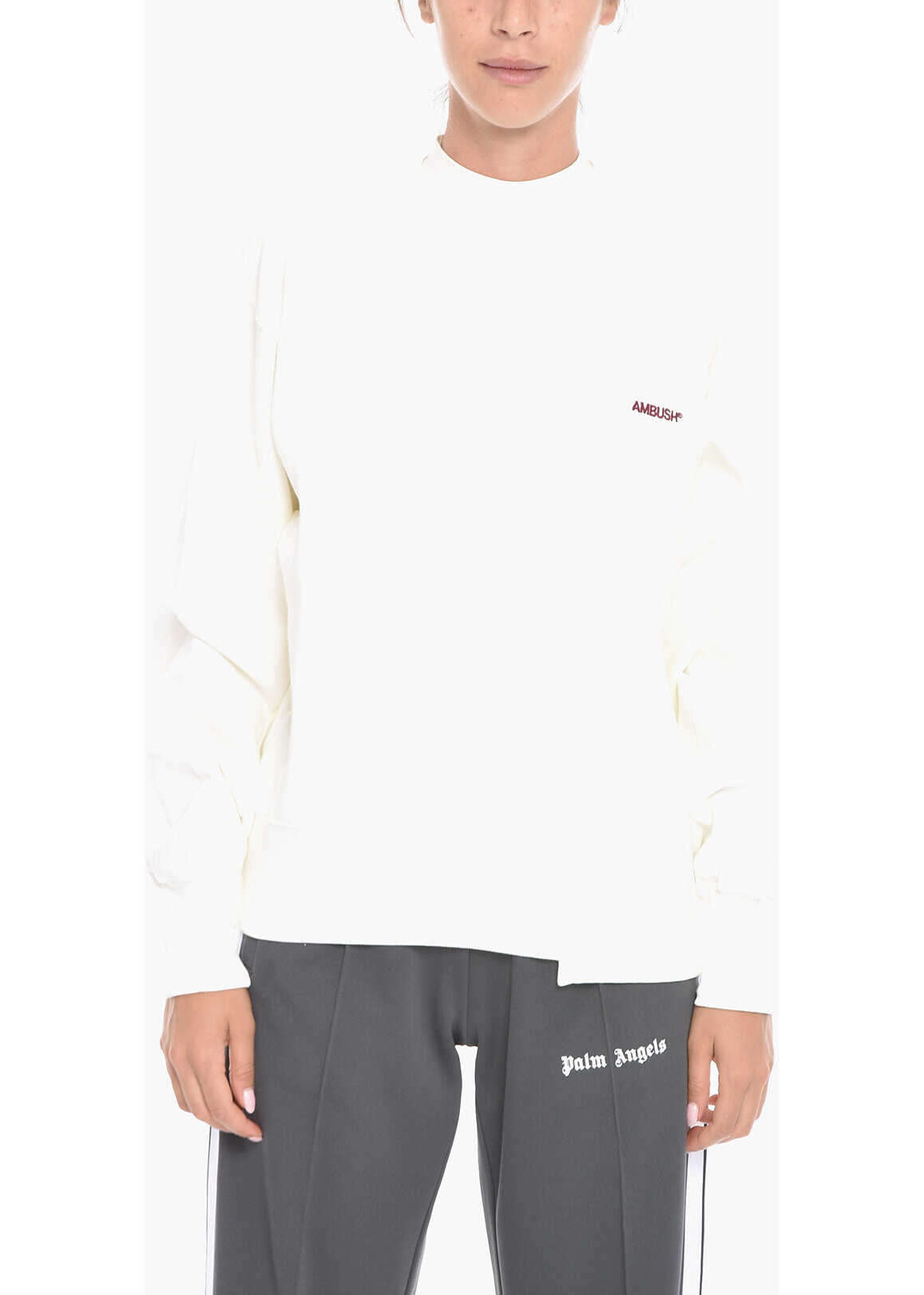 AMBUSH Fleeced-Cotton Asymmetric Creweneck Sweatshirt With Logo Emb White