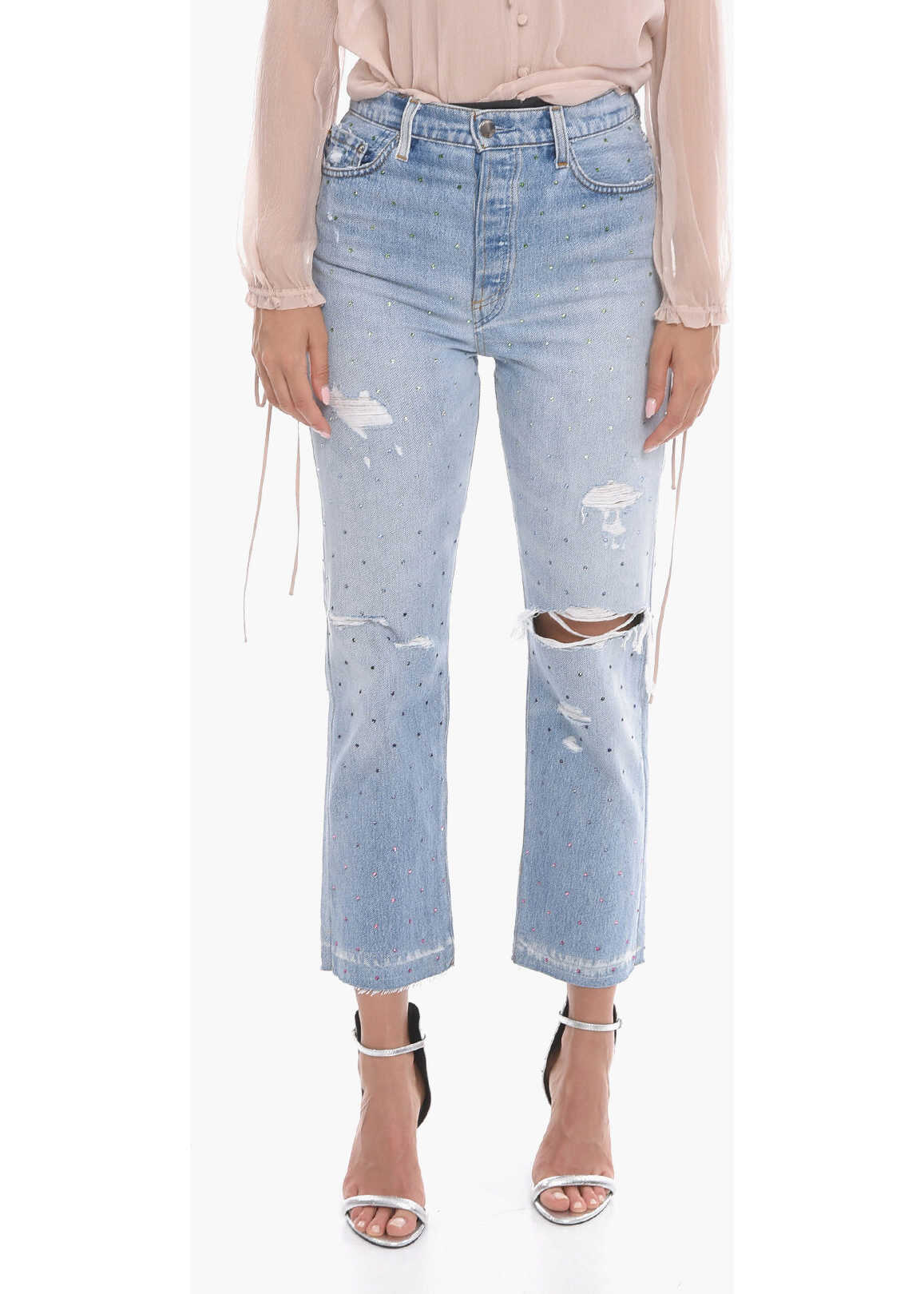 AMIRI Cropped Fit Distressed Denims With Crystals 20Cm Light Blue