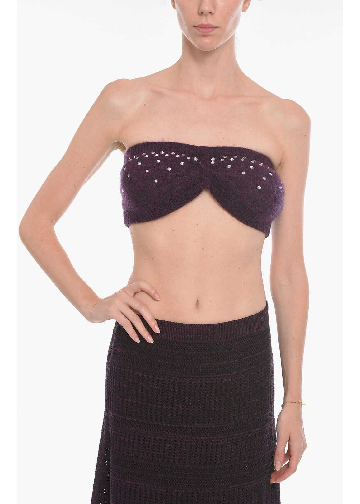 Alessandra Rich Mohair Cropped Top With Crystals Application Violet