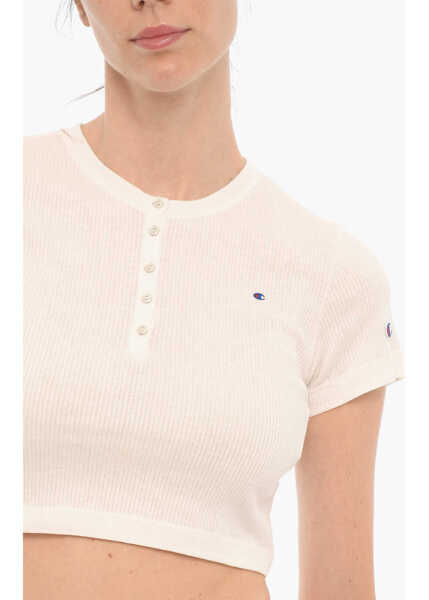 Tricouri Champion Ribbed Crew-Neck Cropped T-Shirt With Front Buttoning White Femei (BM 10132295) 3