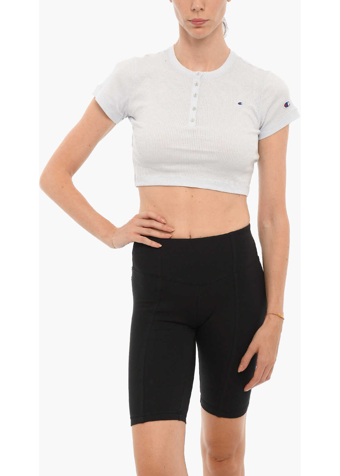 Champion Ribbed Crew-Neck Cropped T-Shirt With Front Buttoning Blue