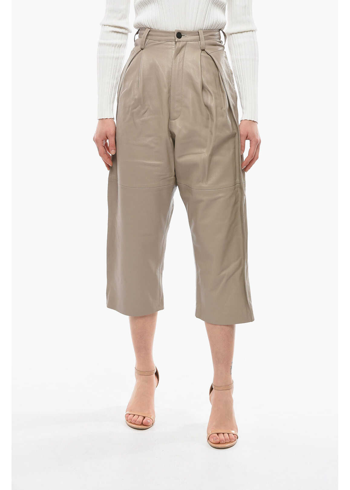 THE MANNEI High-Waisted Cowhide Matignon Trousers With Wide-Leg And Ple Gray