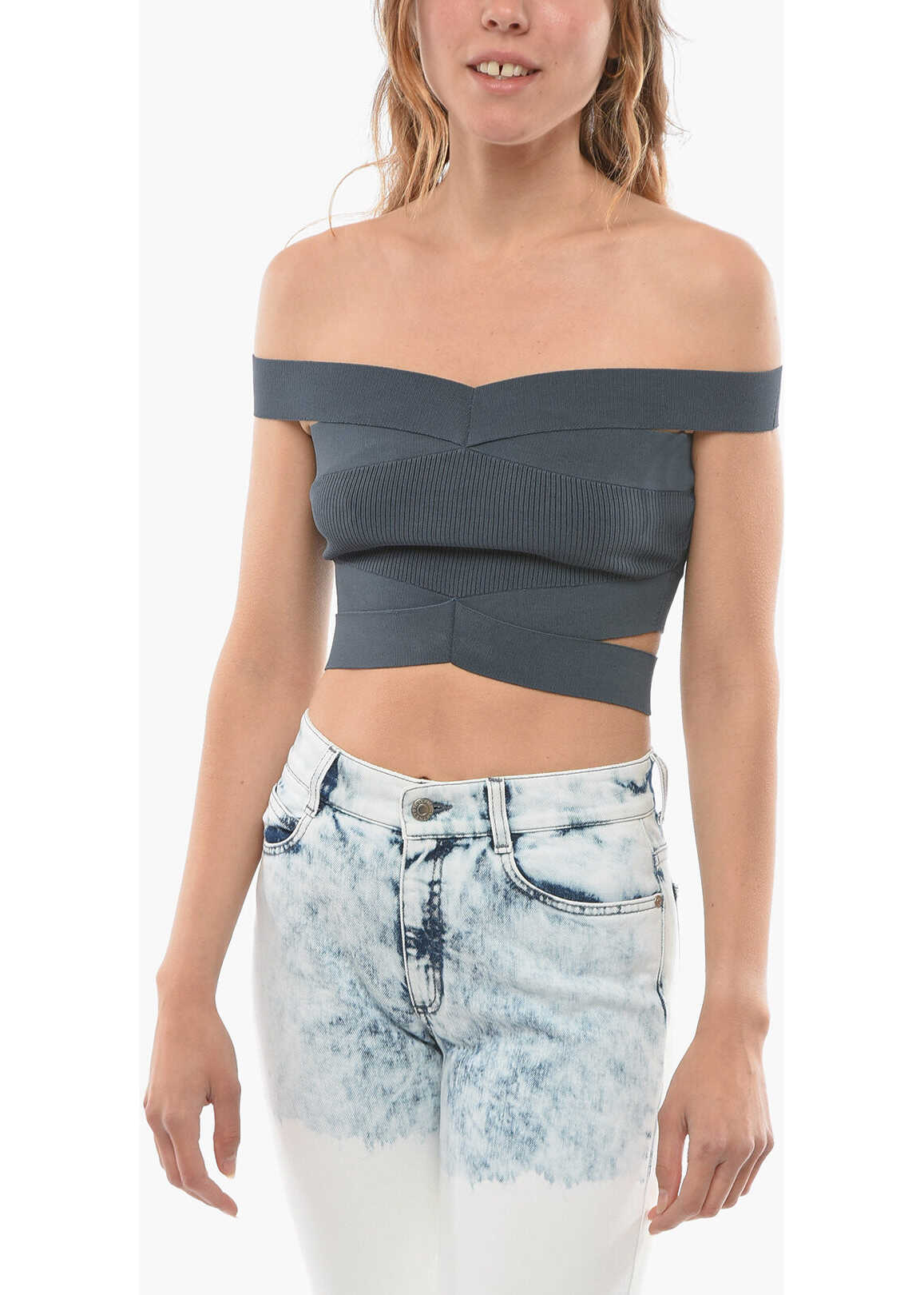 DION LEE Ribbed Cross Dull Bustier Top Blue