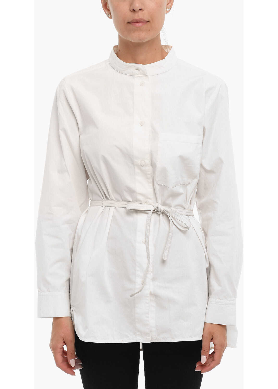 YVES SALOMON Cotton Shirt With Mandarin Collar And Belt White