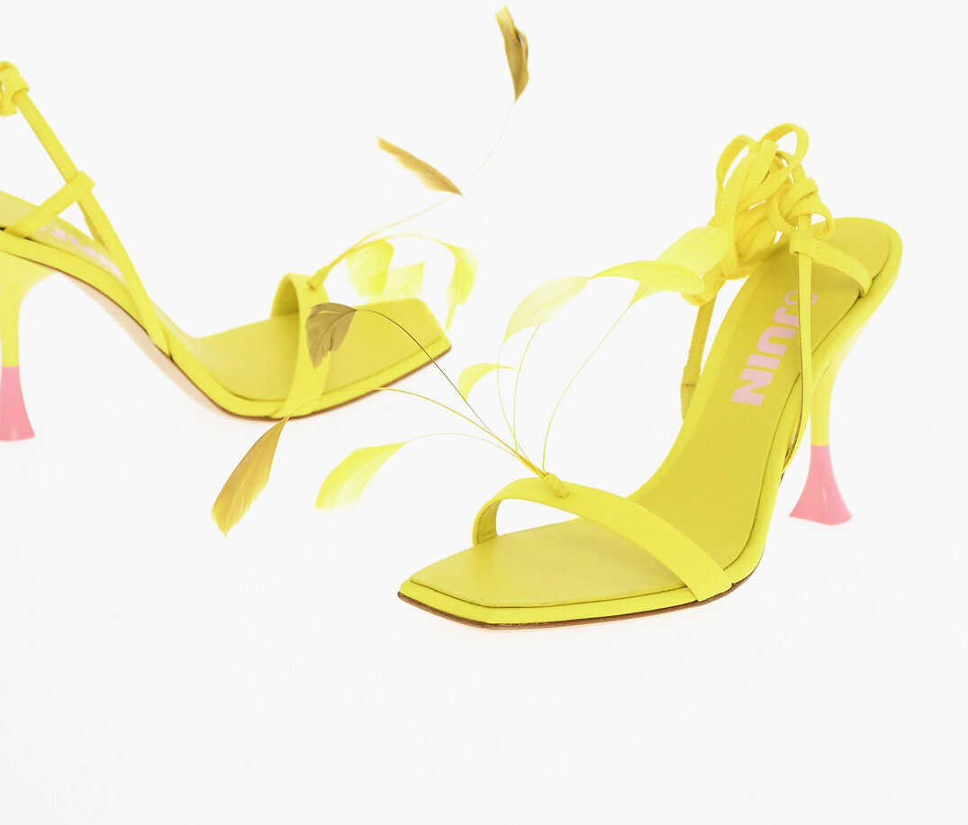 3JUIN Slave Closure Sandals Kimi Embelished With Feathers Heel 10 Yellow