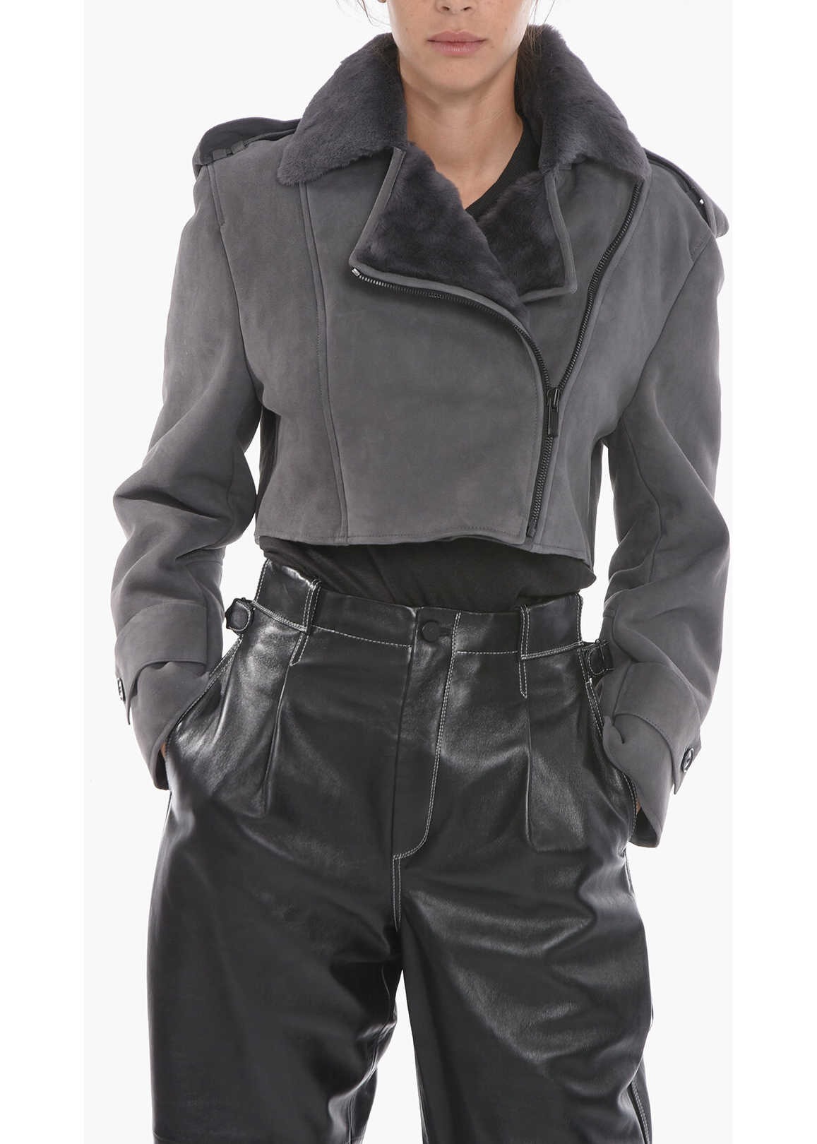 THE MANNEI Cropped Mahis Shearling Jacket With Zip Fastening Gray