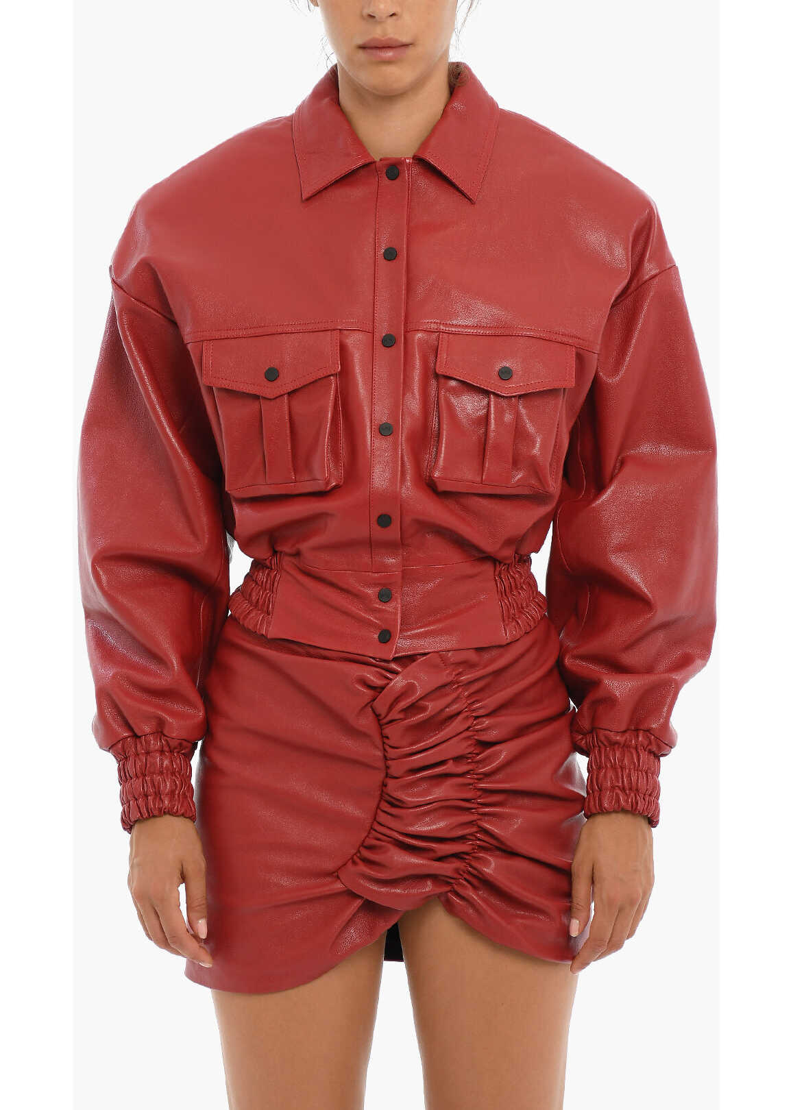 THE MANNEI Blouson Fit Cropped Leather Jacket Burgundy