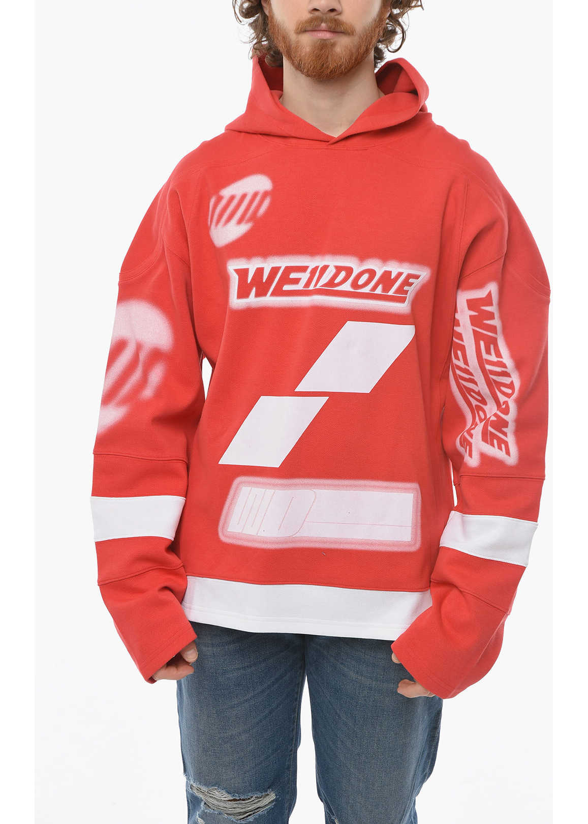 WE11DONE Spray Effect Football Oversized Hoodie Red
