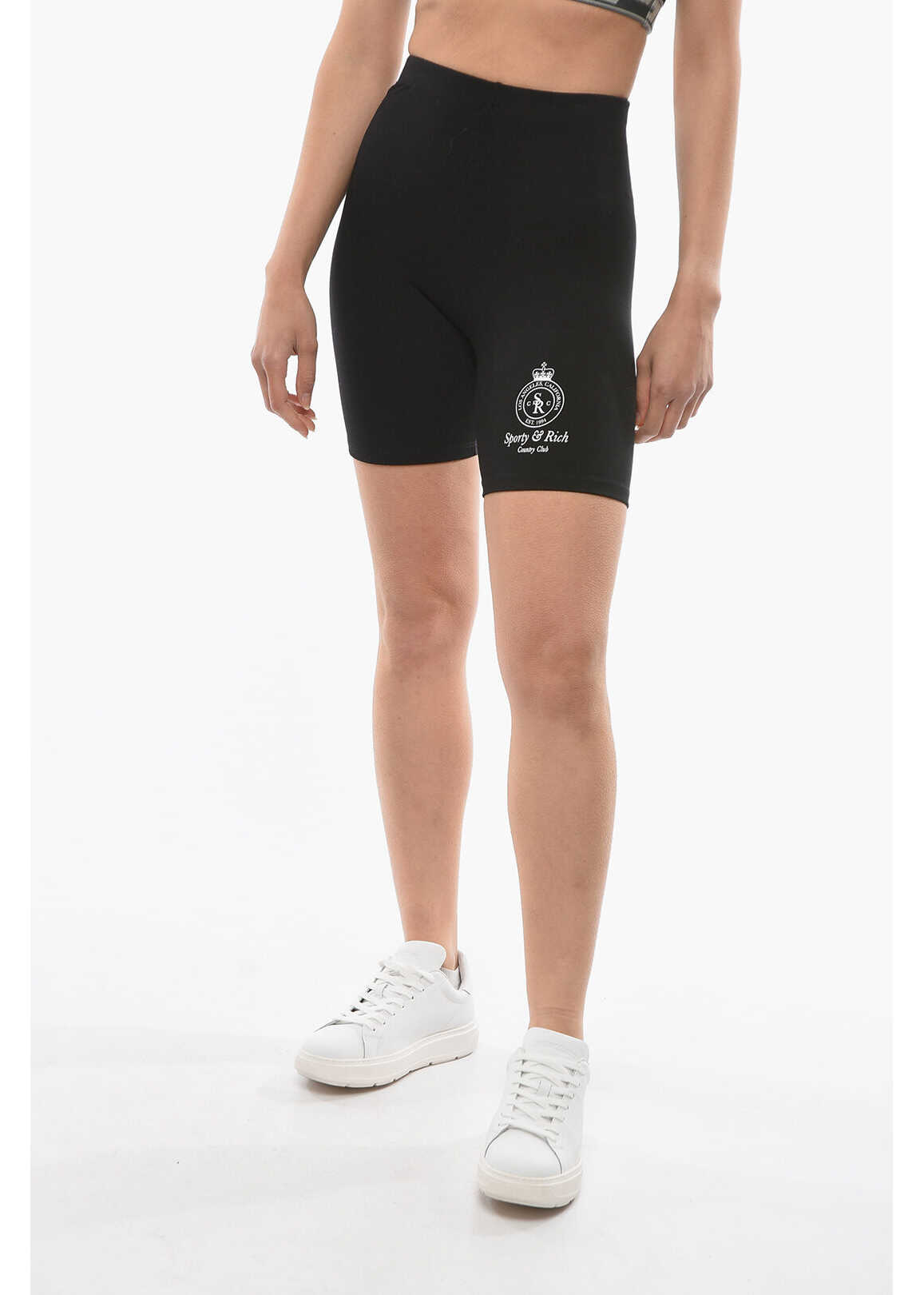 SPORTY & RICH Stretch Cotton Biker Shorts With Printed Logo Black