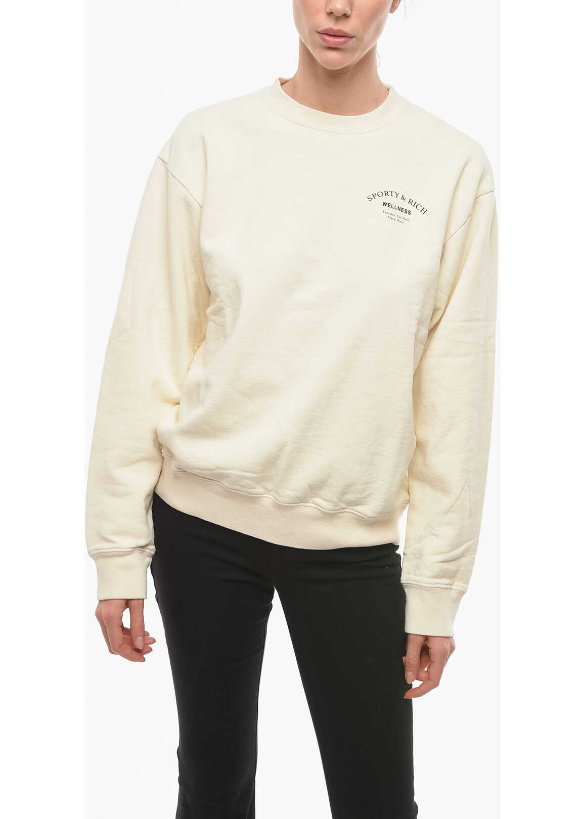 SPORTY & RICH Solid Color Crew-Neck Sweatshirt With Printed Contrasting Lo White