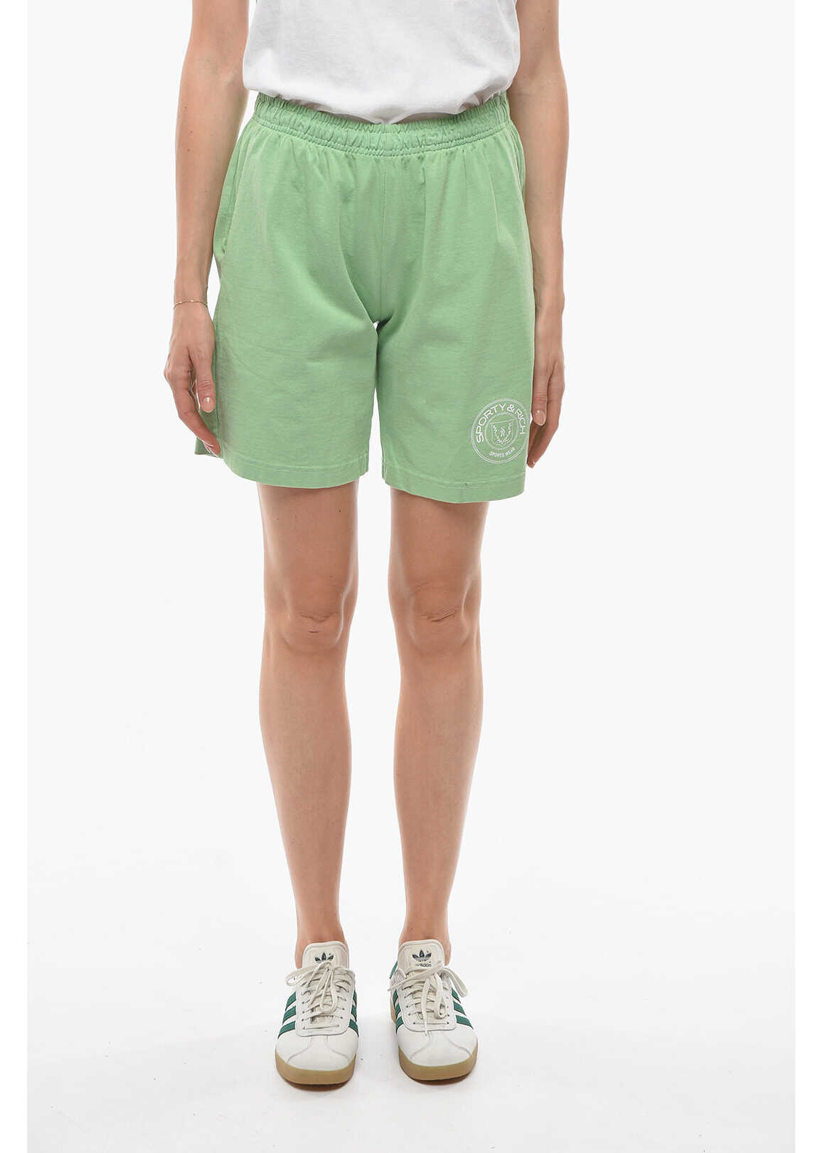 SPORTY & RICH Solid Color Cotton Shorts With Printed Contrasting Logo Green