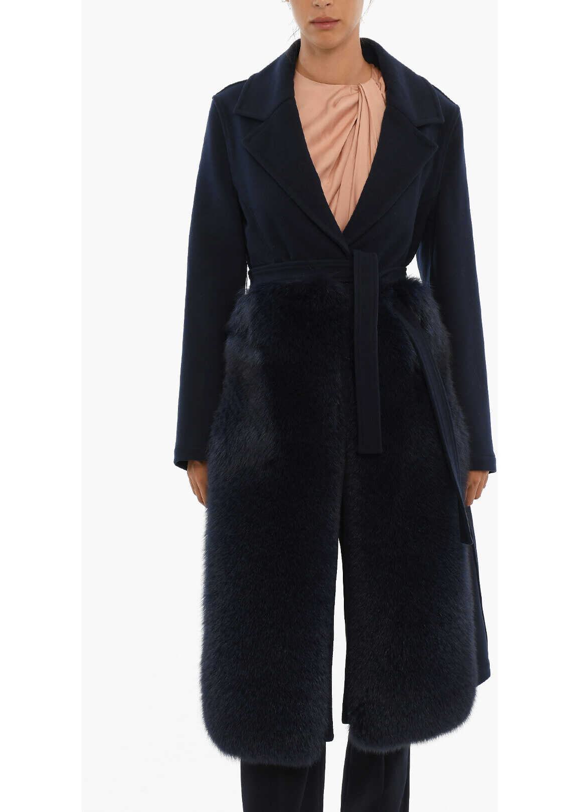 BLANCHA Double Breasted Wool And Fur Trench Blue