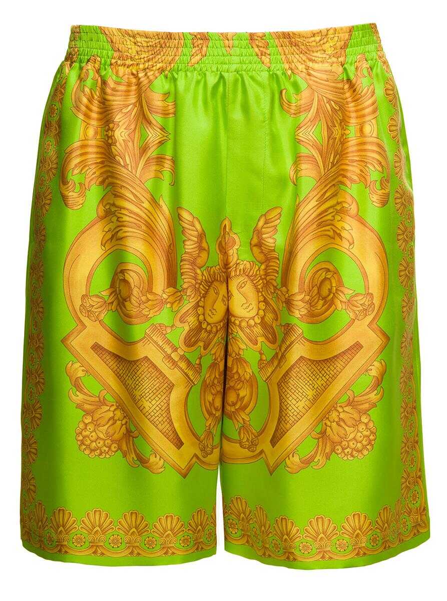 Versace Green and Gold Shorts with All-Over Barrocco Print in Silk Man GREEN