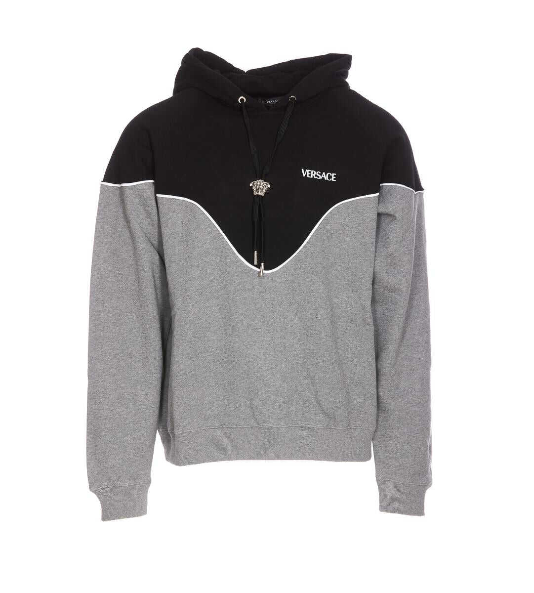 Versace Black and Grey Hoodie with Medusa Drawstring in Cotton Man GREY