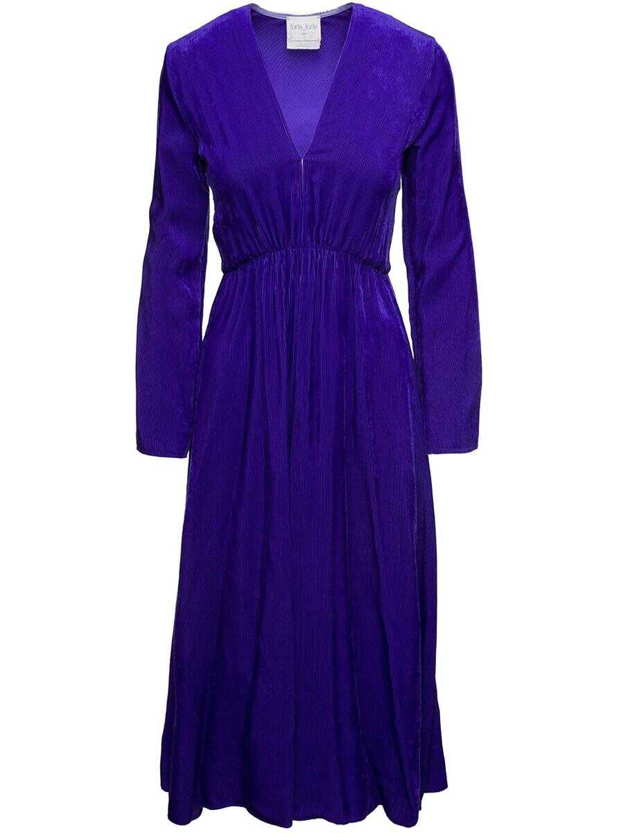 forte_forte Long Blue Dress with V Neckline and Elasticated Waist in Ribbed Velvet Woman BLUE