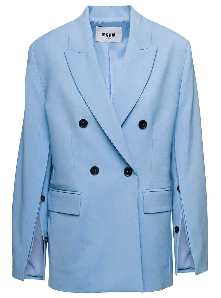 MSGM Light Blue Double-Breasted Jacket with Buttoned Sleeves in Stretch Wool Woman Blu