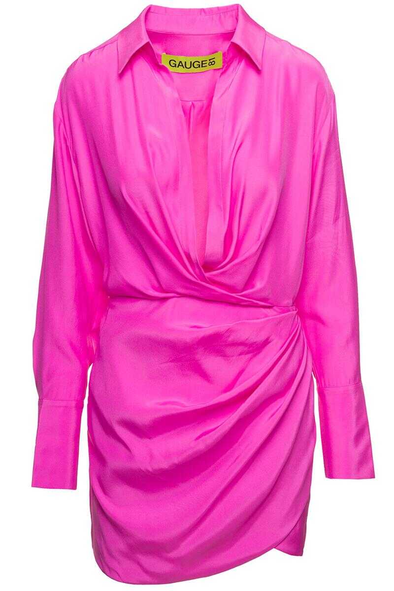 GAUGE81 \'Naha\' Draped Shirt Mini Hot Pink Dress in Silk Woman Gauge81 Fuxia