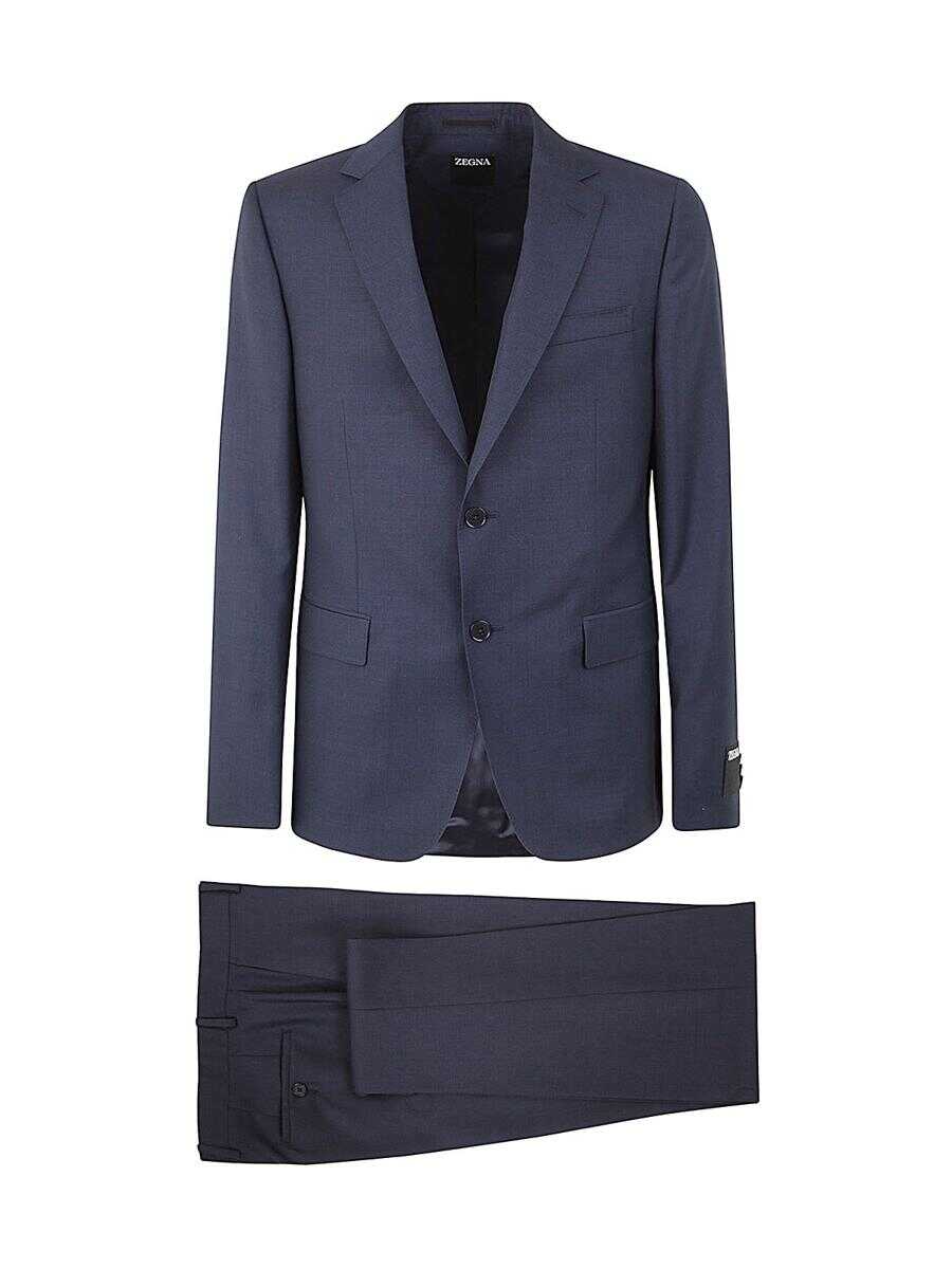 ZEGNA ZEGNA MICRO PINPOINT PURE WOOL TAILORED SUIT CLOTHING BLUE