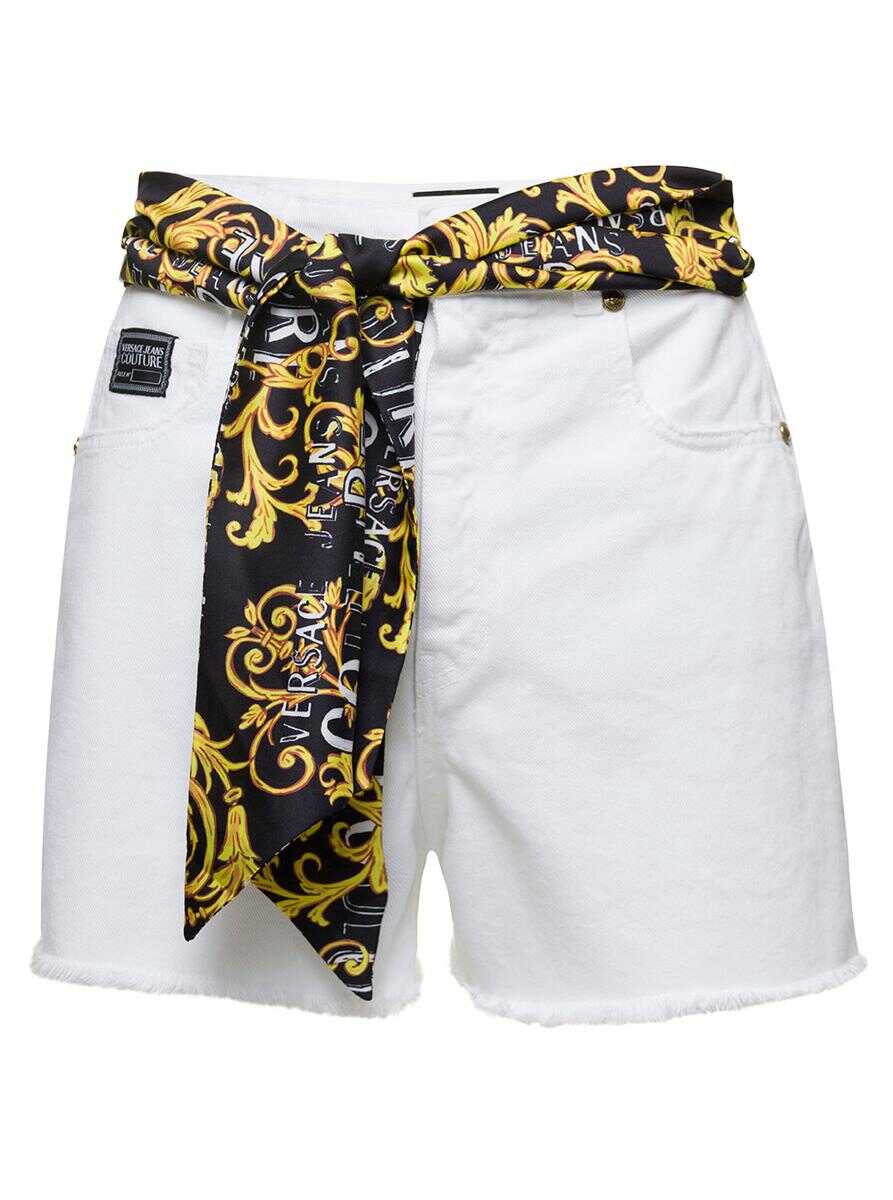 Versace Jeans Couture White Denim High Wasited Shorts with Baroque Print Foulard in Cotton Woman White