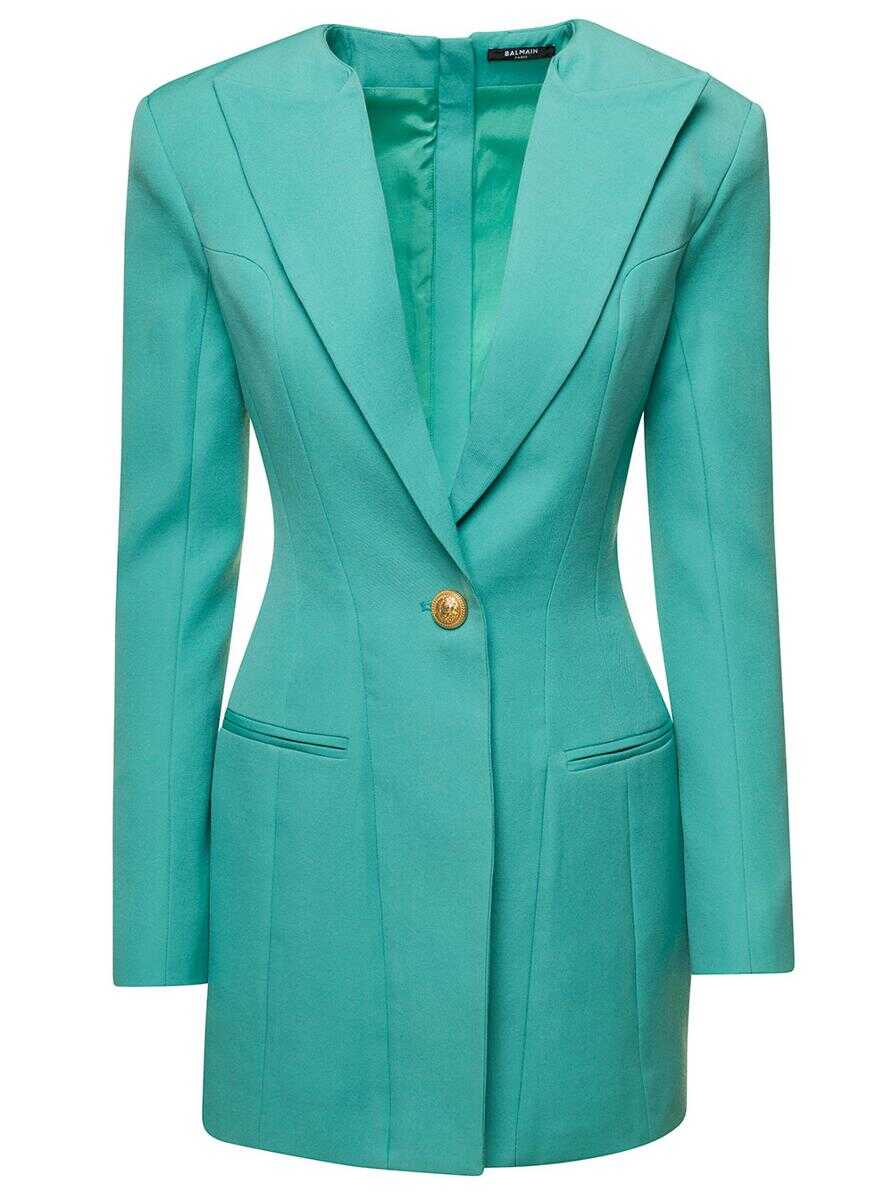 Balmain Light Blue Tailored Blazer Dress with Padded Shoulders in Wool Woman GREEN