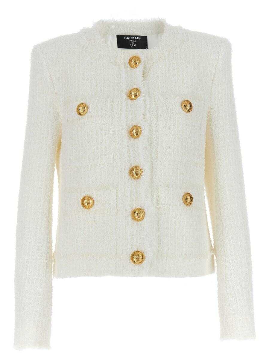 Balmain White Single-Breasted Collarless Jacket with Gold-Colored Buttons in Tweed Woman White